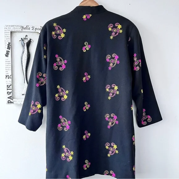 Vintage Black Japanese Haori Pink And Yellow Floral Embroidered Boho Duster - Picture 7 of 12